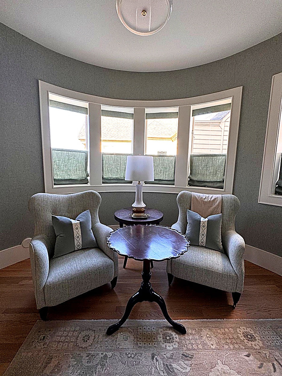 Perry D. Smith &mdash; Sitting nook with green roman shades and upholstered chairs