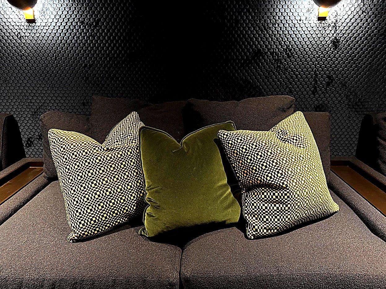 Perry D. Smith &mdash; Pillow detail with olive velvet and geometric pattern