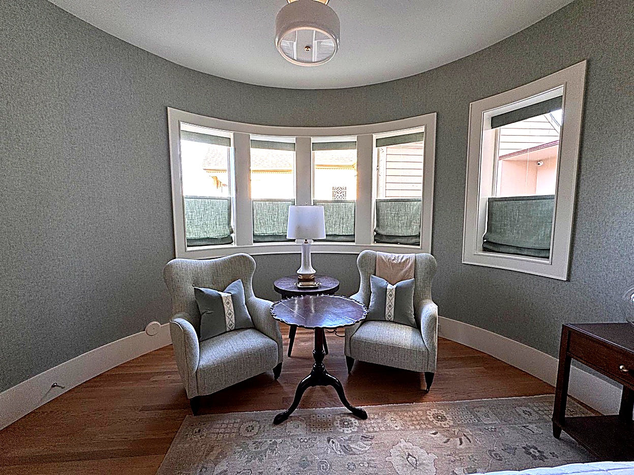 Perry D. Smith &mdash; Wide view of sitting nook with roman shades
