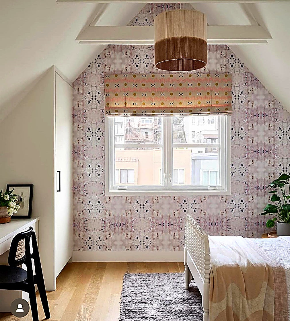 Reagan Baker Design &mdash; Attic bedroom with patterned roman shade